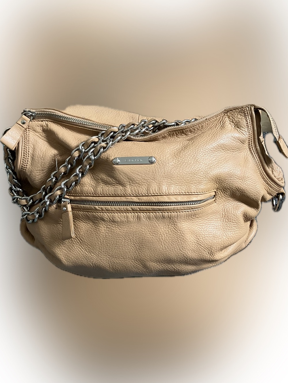 Calvin Klein Tan Pebbled Leather Satchel with Chain Strap